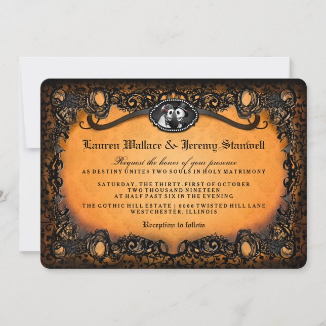 Invitation Orange Black Skeletons Halloween Mariage RÉCEPTION (Devant)