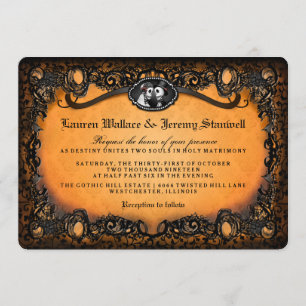 Invitation Orange Black Skeletons Halloween Mariage RÉCEPTION