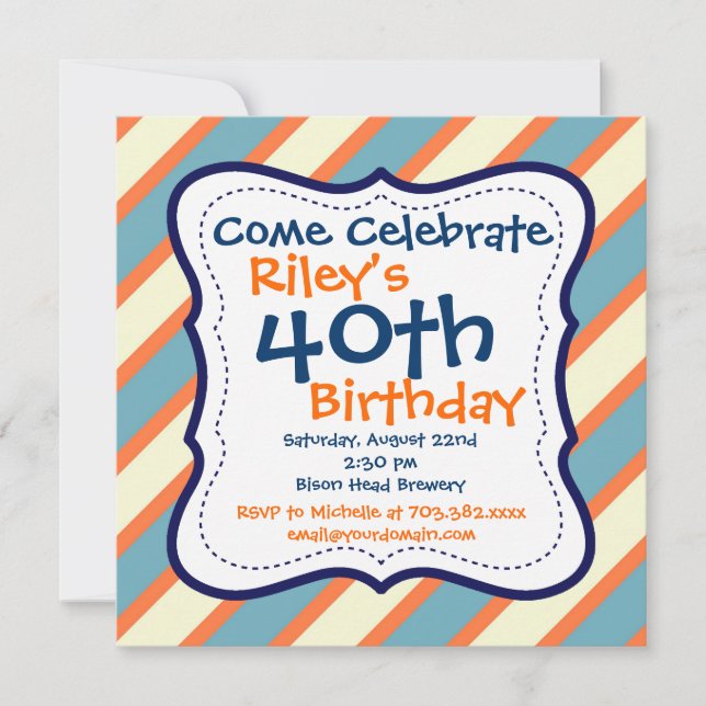 Invitation Orange Bleu rayé 40e anniversaire de fête Invitati (Devant)