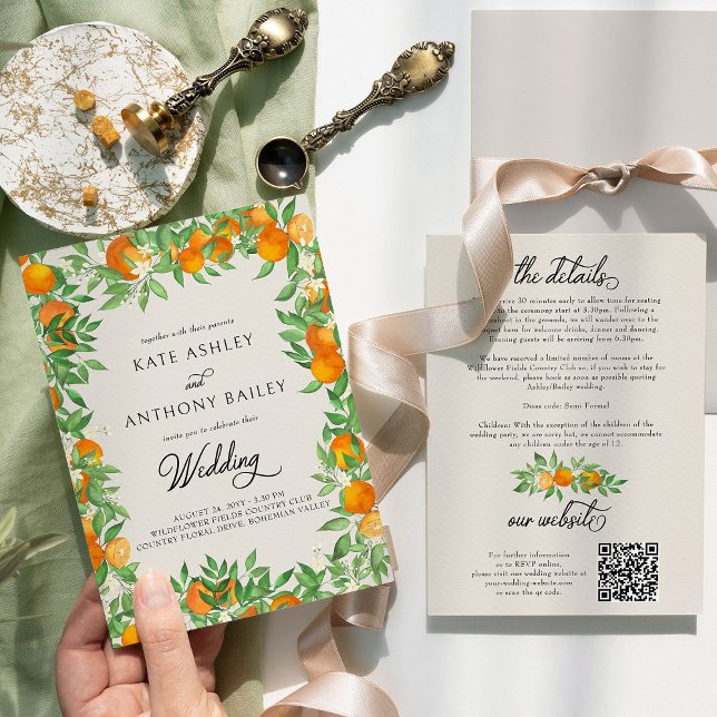 Invitation Orange Blossom Citrus Mariage Détails et site web (Wedding Invitation with Details from the Orange Blossom Wedding Collection by Darling & May)