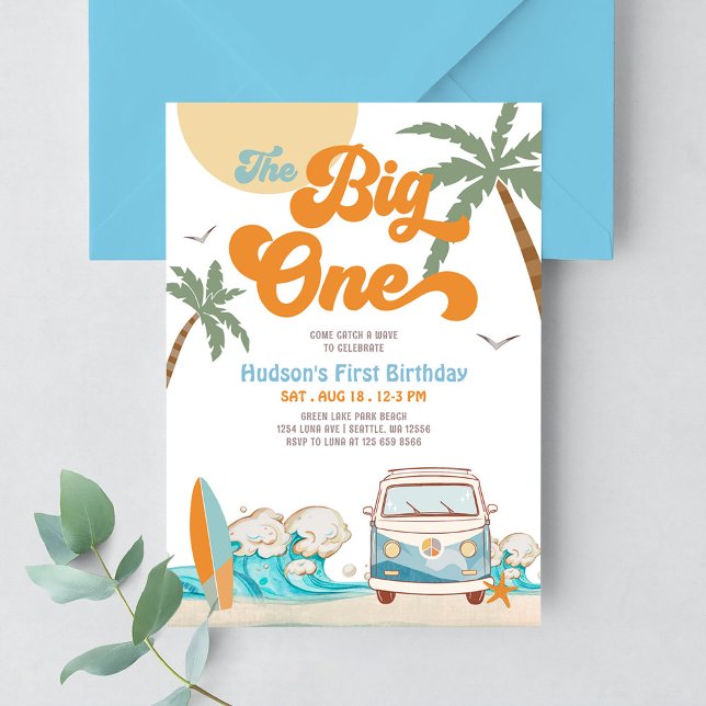 Invitation Orange Blue Boy The Big One Surf 1er anniversaire (Créateur téléchargé)