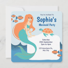 Invitation Orange Blue Girls Fille Sirène fête d'anniversaire