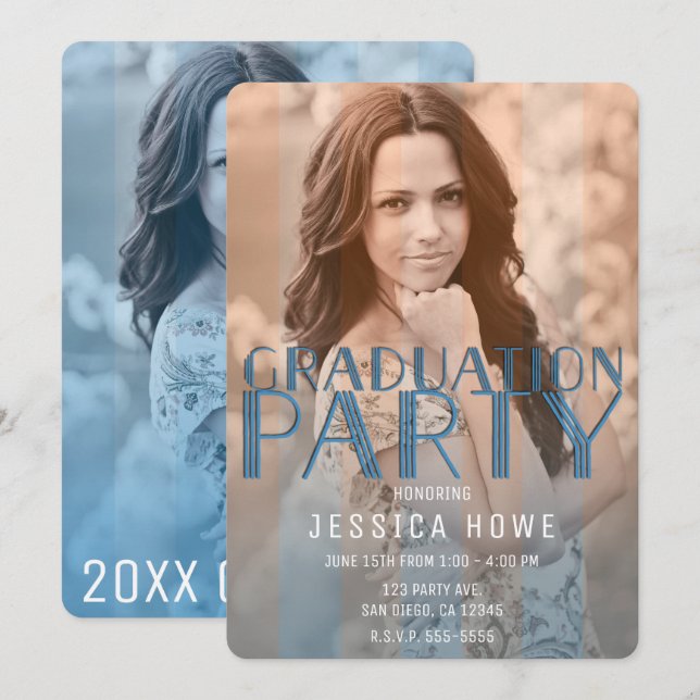Invitation Orange Blue Graduation Party Graduation Photo (Devant / Derrière)
