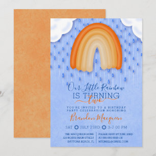 Invitation Orange Blue Rainbow Pluie Nuages Ballons Anniversa