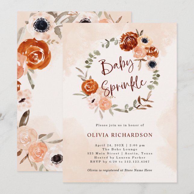 Invitation Orange Boho | Aquarelle Blush Baby Sprinkel (Devant / Derrière)