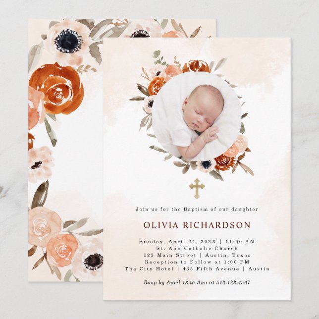 Invitation Orange Boho | Aquarelle photo Baptême (Devant / Derrière)