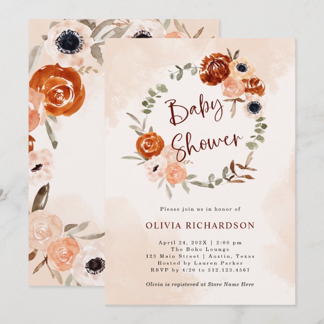Invitation Orange Boho | Baby shower Aquarelle (Devant / Derrière)