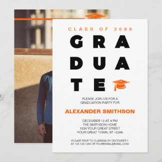 Invitation Orange Bold Lettres diplômées et Casquettes