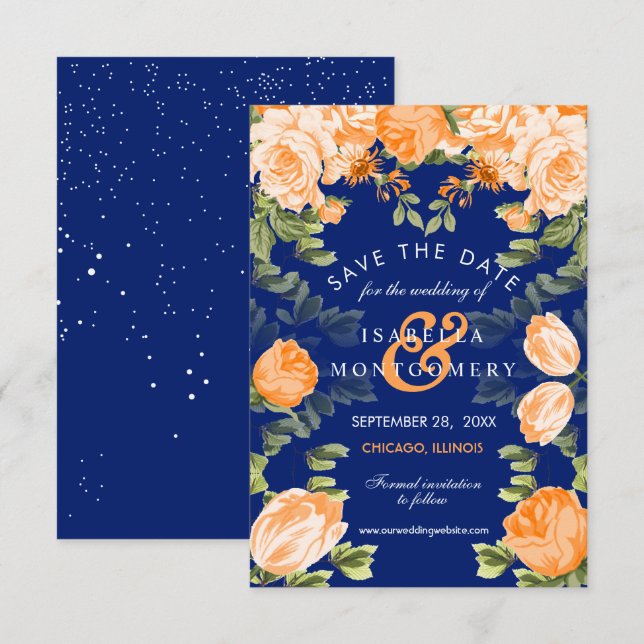 Invitation Orange botanique et bleu marine Floral (Devant / Derrière)