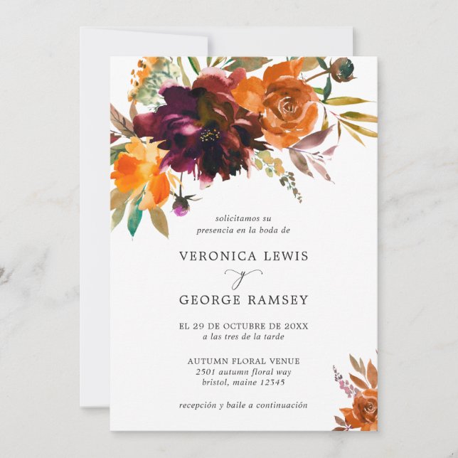 Invitation Orange Bourgogne Chute Florale Mariage espagnol (Devant)