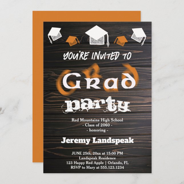 Invitation Orange Brown Blurry Texte Graduation House Party (Devant / Derrière)