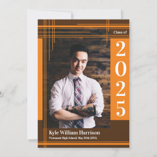 Invitation Orange Brown School Color Graduation Photo Plaid