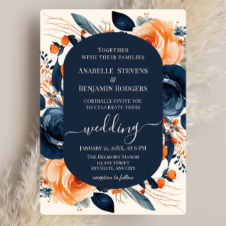 Invitation Orange brûlé et Mariage floral bleu avec code QR