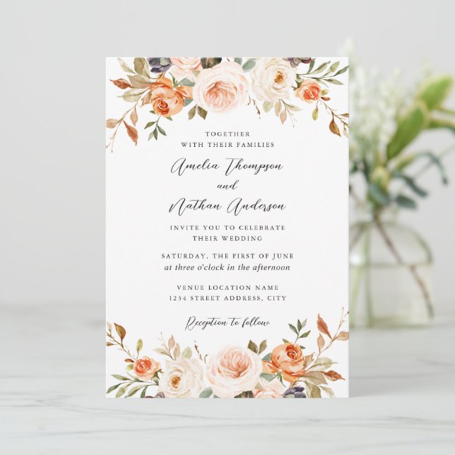 Invitation Orange Brûlé Rose Rouille Botanique Florales Maria (Debout devant)