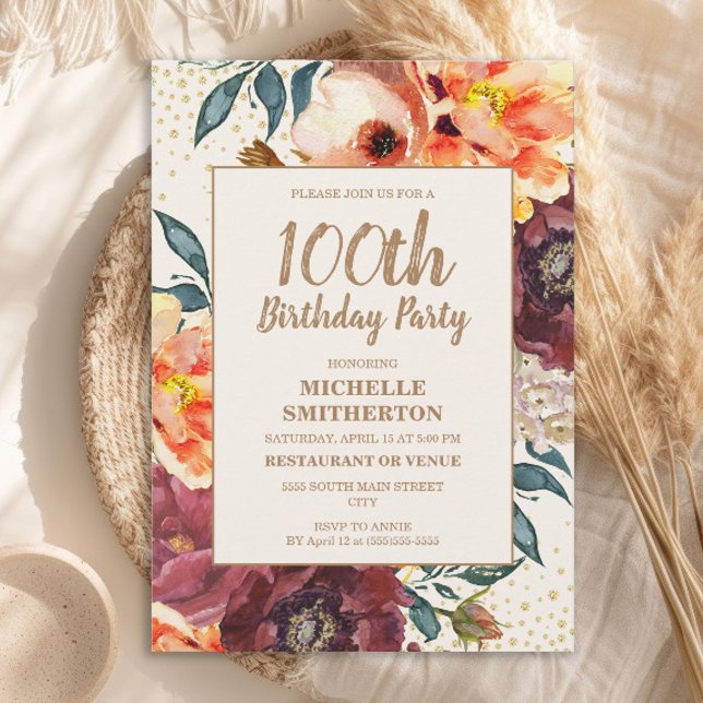 Invitation Orange Burgundy Fall Floral Gold Parties scintilla (Orange and burgundy watercolor floral 100th birthday party invitation)