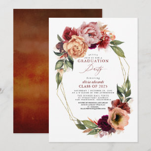 Invitation Orange Burgundy Red Floral Fall Graduation Party