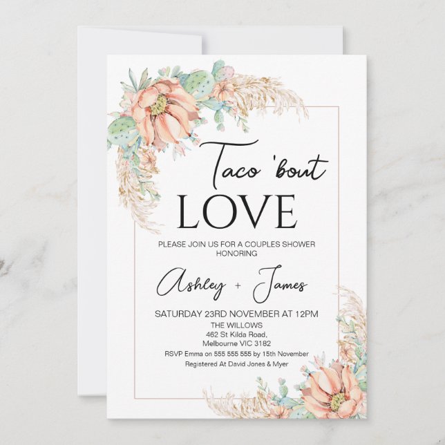 Invitation Orange Cactus Boho Floral Couples Douche (Devant)