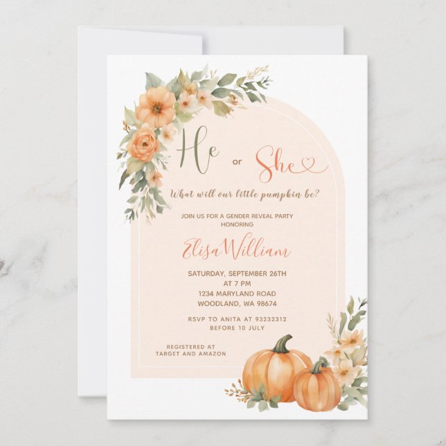 Invitation Orange Citrouille Lui ou Elle Tombe Floral Genre R (Devant)