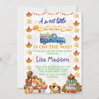 Invitation Orange Citrouille Truck Baby shower fille Invitati