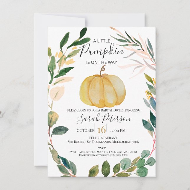 Invitation Orange Citrouille Wreath Genre Baby shower neurona (Devant)