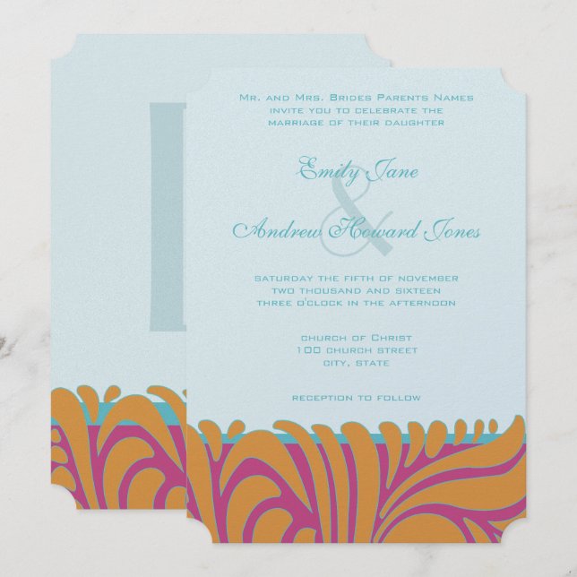 Invitation Orange Crush Aqua Fuchsia tourbillonne sur l'argen (Devant / Derrière)