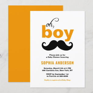 Invitation Orange Cute C'est un Baby shower de moustache garç