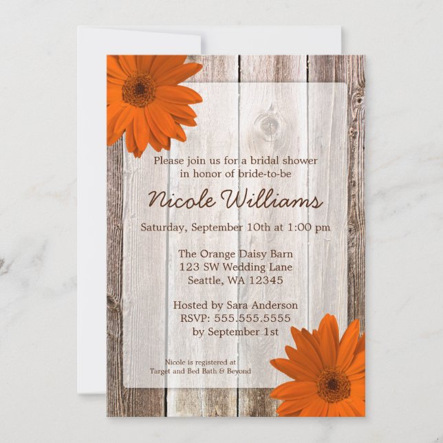 Invitation Orange Daisy Rustic Barn Wood Fête de l'mariée (Devant)