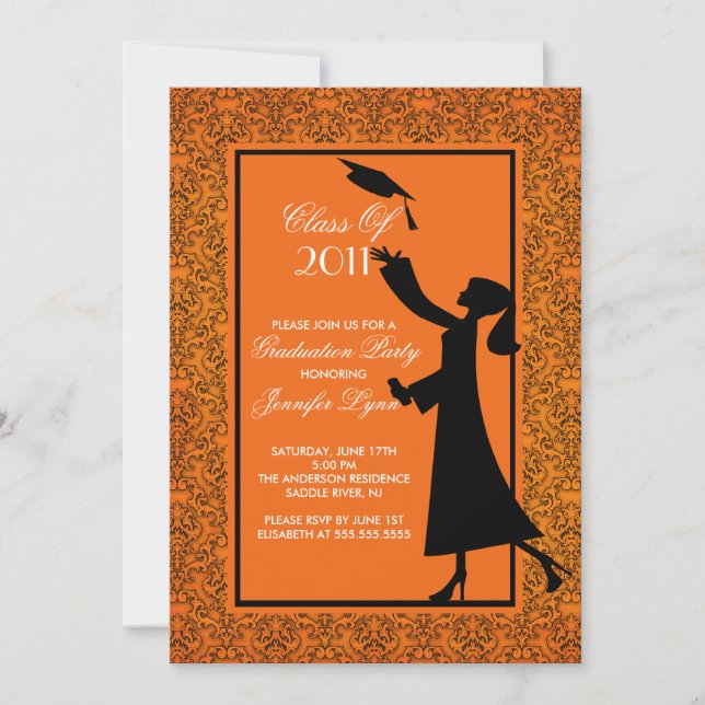 Invitation Orange Damask Diplômé (Devant)