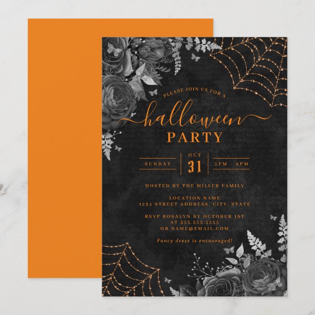 Invitation Orange Dark Éffrayant Floral Cobwebs Halloween Par (Devant / Derrière)