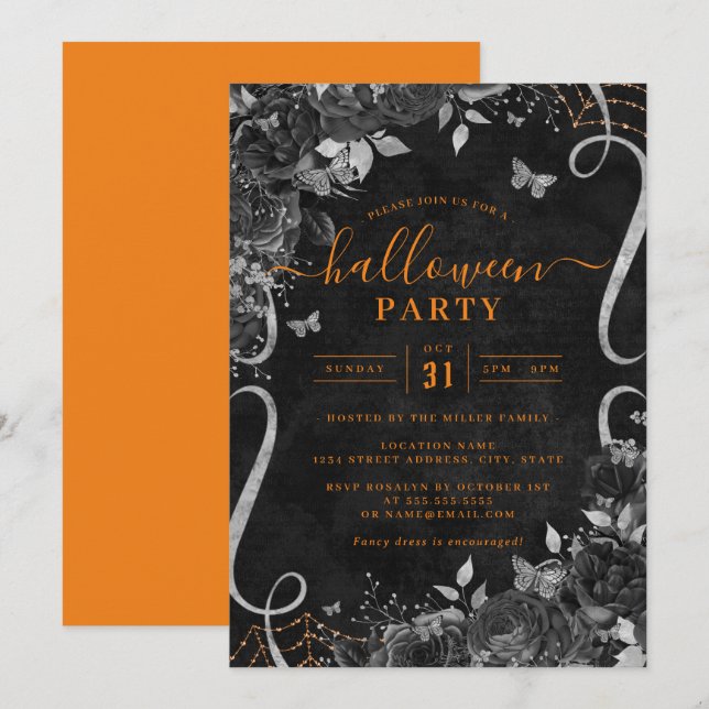 Invitation Orange Dark Éffrayant Floral Scroll Halloween Part (Devant / Derrière)