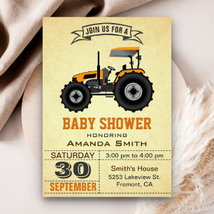 Invitation orange de baby shower de tracteur de