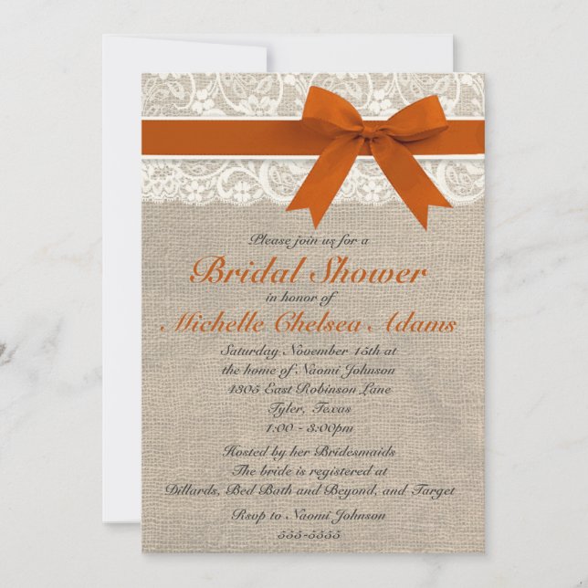 Invitation orange de Fête de la mariée de toile de (Devant)