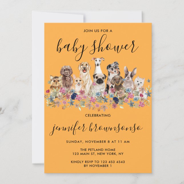 Invitation Orange Dogs Animaux Baby shower de célébration de  (Devant)