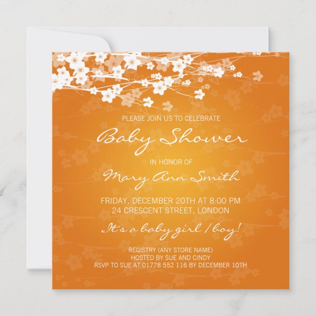 Invitation Orange élégante de fleurs de cerisier de baby (Devant)