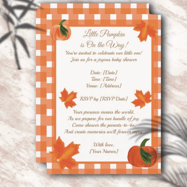 Invitation Orange En vichy Baby shower Citrouille (Créateur téléchargé)