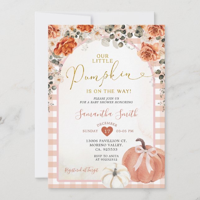 Invitation Orange En vichy Floral Citrouille Baby shower d'au (Devant)