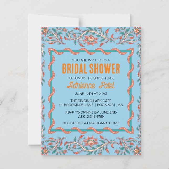 Invitation Orange et Aqua Blue Floral Fête des mariées Invita (Devant)