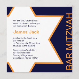 Invitation Orange et bleu de Mitzvah de barre d'étoile de