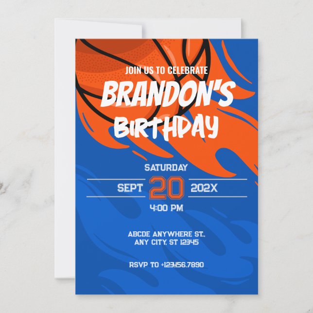 Invitation Orange et bleu jouant Basketball anniversaire feu (Devant)