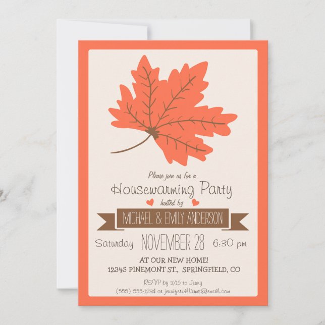 Invitation Orange et Brown Feuilles de Chute Fête de Chauffag (Devant)