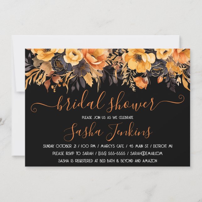 Invitation Orange et noir, Halloween, Fête des mariées floral (Devant)