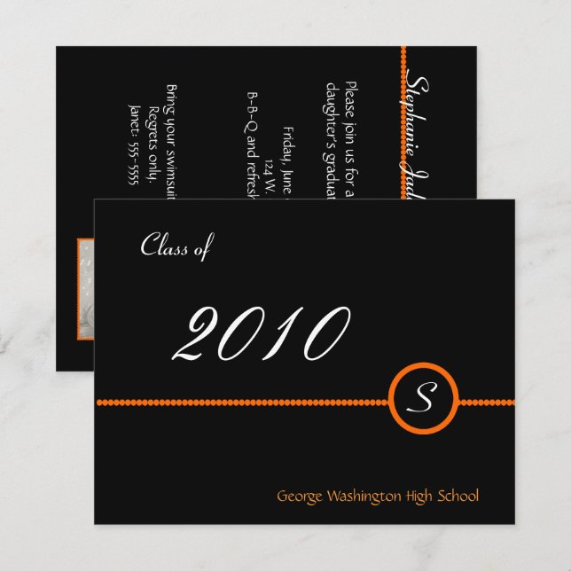 Invitation orange et noire de photo de monogramme (Devant / Derrière)