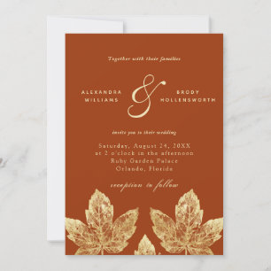 Invitation Orange et or Rustique Feuille or Foil Mariage