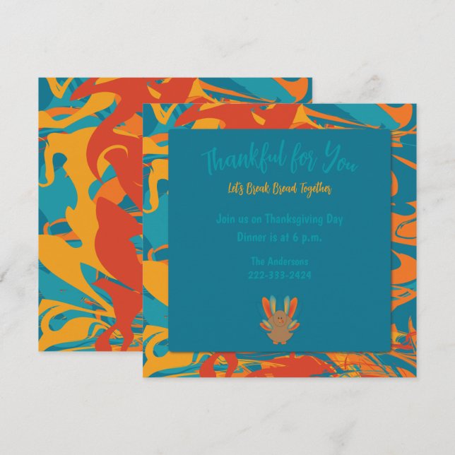 Invitation Orange et Turquoise Thanksgiving (Devant / Derrière)