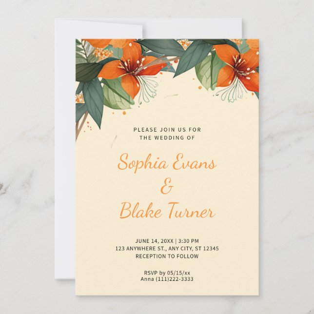 Invitation Orange et vert Tropical Floral Jaune Mariage (Devant)