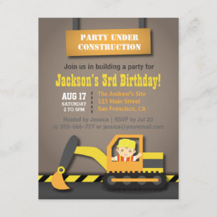 Invitation Orange Excavator Thème de construction Anniversair