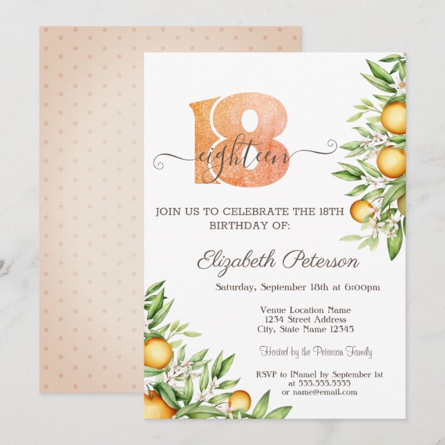 Invitation Orange Feuille Citrus 18e anniversaire (Devant / Derrière)