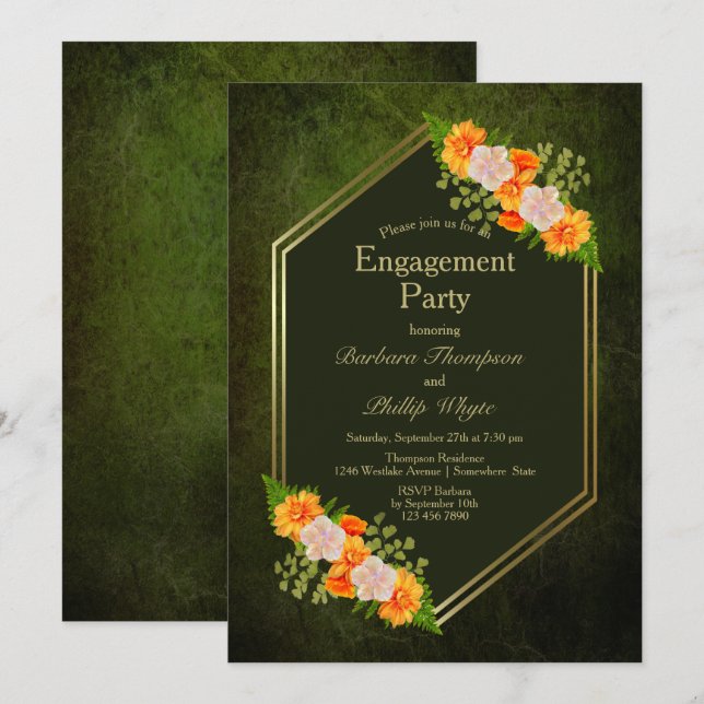 Invitation Orange Floral Gold Bordure Green Engagement Party (Devant / Derrière)