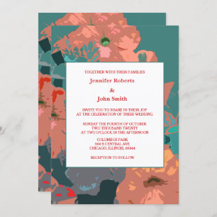 Invitation Orange Floral Green Feuilles Art Abstrait Mariage