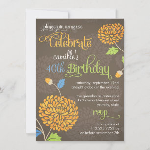 Invitation Orange floral moderne et fête d'anniversaire Brown